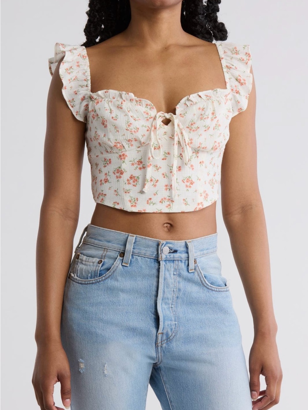 MINE Cream Floral Ruffle Tie-Front Crop Top